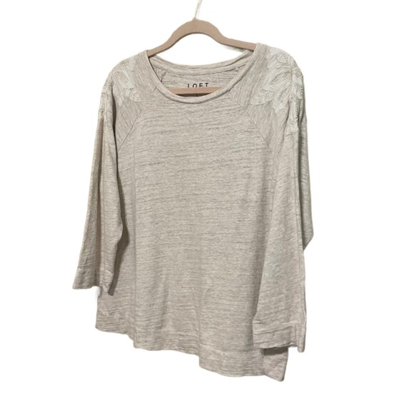 Loft Oatmeal Beige Pullover Knit Top Beaded Embroidered Shoulder Womens Large - Picture 2 of 7